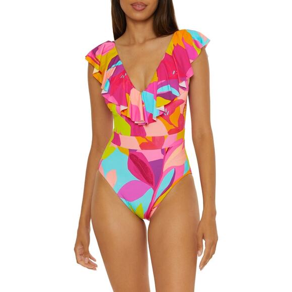 NWT Trina Turk Lilleth Ruffle One-Piece Swimsuit Pink Multi - Size: 10 - Picture 1 of 11